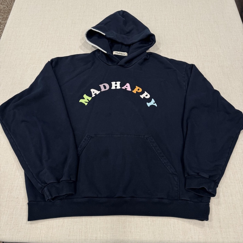 Madhappy Hoodie Mens 2XL Navy Blue Cotton Rainbow Logo Pullover Fleece USA